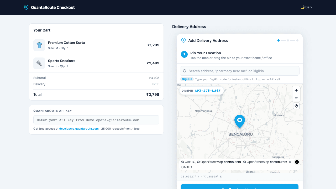 QuantaRoute Checkout Widget live demo
